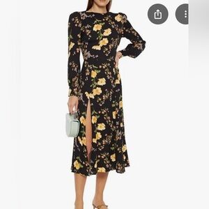 Reformation Midi Dress in Black Floral Size 4 Yellow Slit Skirt Long Sleeve